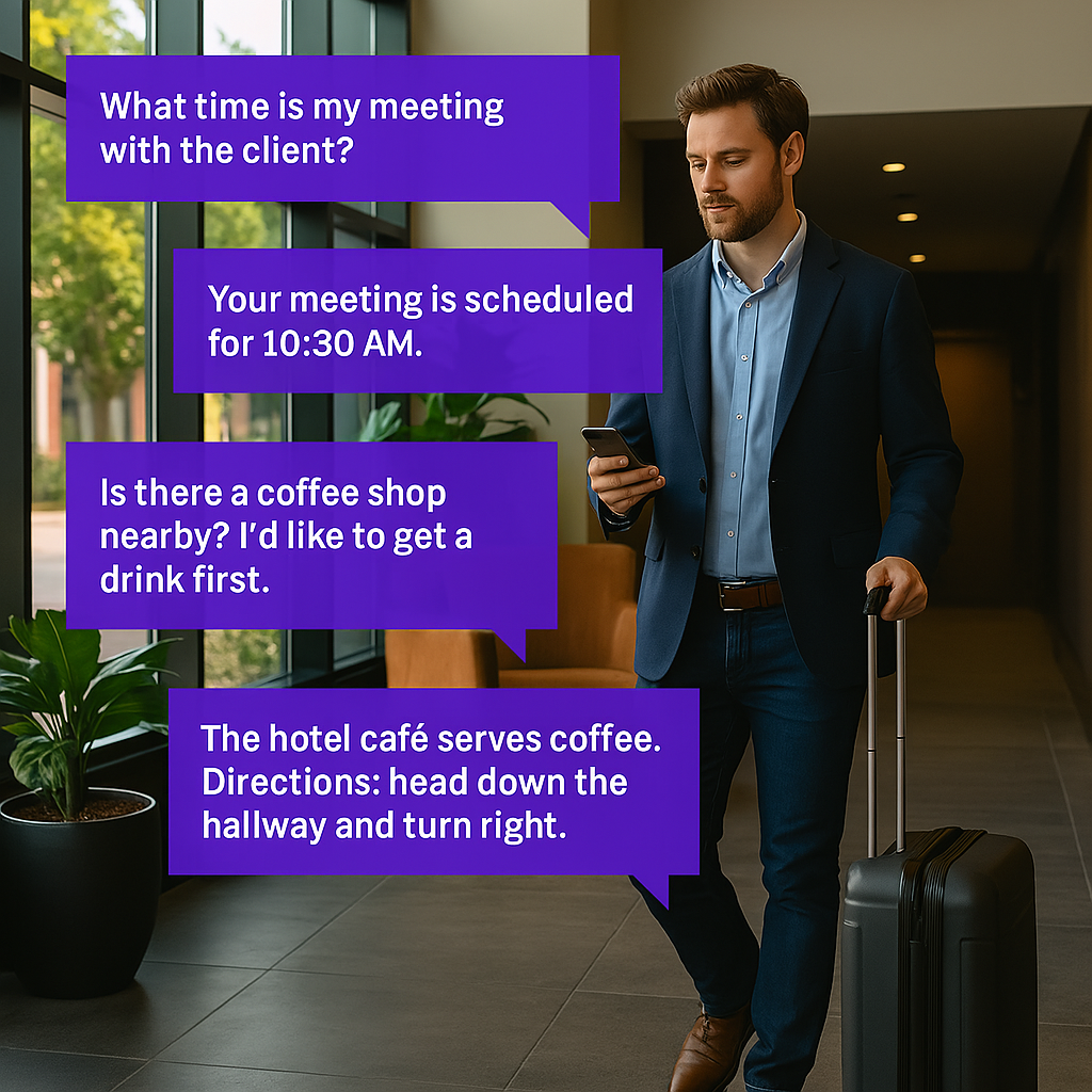 A modern hotel lobby with warm lighting, representing voice-powered guest experiences
