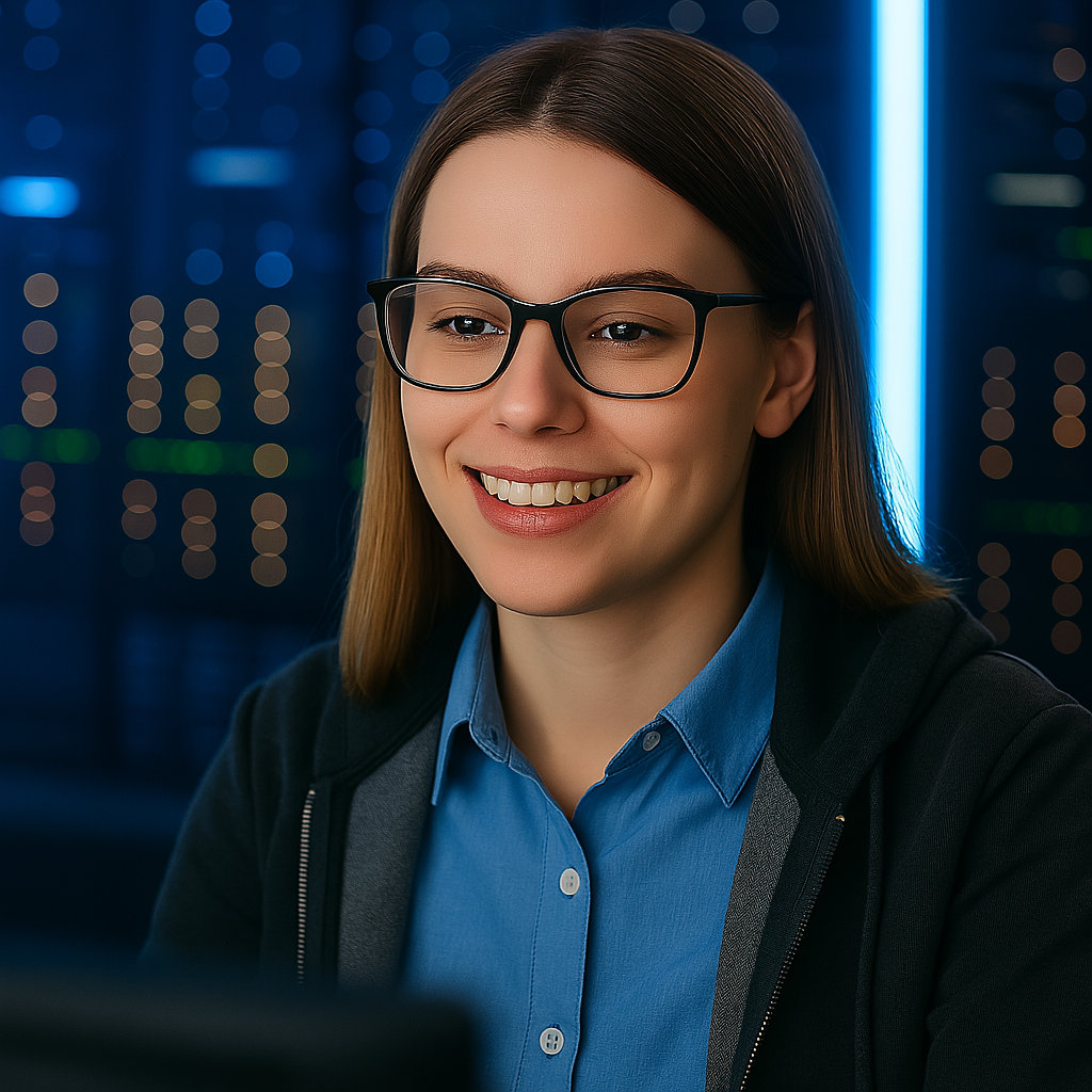 A modern IT workspace with AI-powered support agents assisting employees